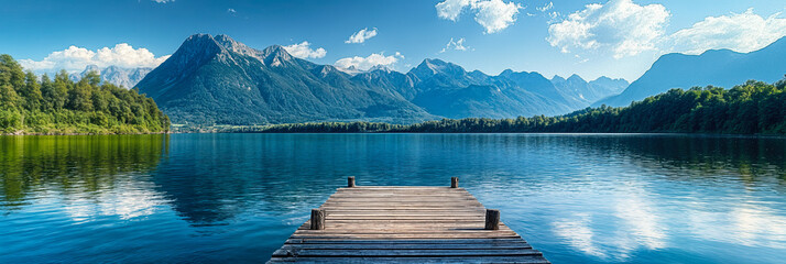 Wooden dock pier extending into calm mountain lake with clear blue sky and scenic alpine mountain range panorama in background under bright sunlight