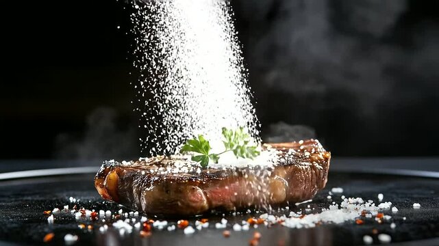 USDA Prime porterhouse steak fresh off the grill, smoke still rising as flakes of sea salt cascade down onto its charred, seared crust