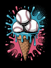 Three baseballs are stacked in an ice cream cone, surrounded by vibrant splashes of pink and blue.