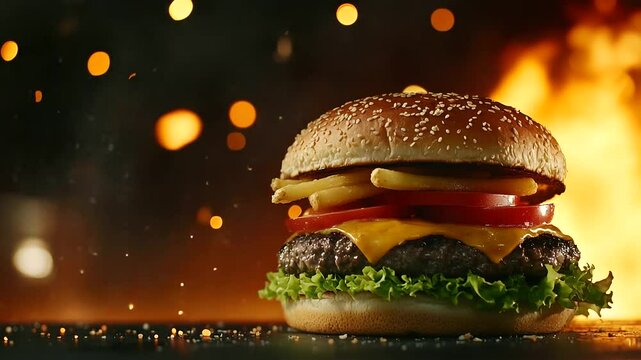 Gourmet burger with juicy meat, gooey cheese, tomatoes and crunchy lettuce, served with seasoned fries, fire sparks flying in warm-toned background