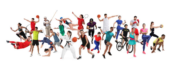 People engaged in different sport activities on white background, collage
