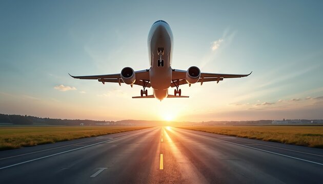 Airplane takes off runway against beautiful sunset. Commercial jet aircraft flies. Travel, transportation, aviation concept. Passenger plane depart sky. Flight at sunset. Vacation, journey, adventure