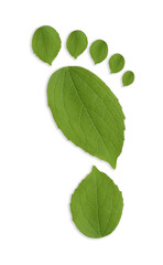 Human footprint made of green leaves on white background, top view. Environmental care, ecology protection, reducing CO2 emission