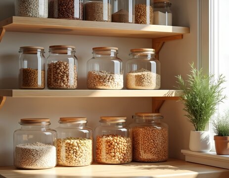 Assorted dry foods stored transparent glass jars on wooden pantry shelves. Home kitchen organization storage solution. Grains nuts seeds pasta snacks cereals ingredients neatly arranged. Focus on