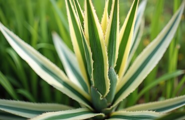 Close-up of yucca plant. Green, white, yellow striped leaves. Nature texture, garden background. Tropical, desert flora. Botanical detail. Agave family plant.