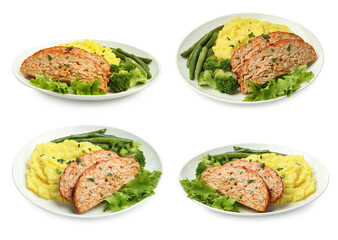 Delicious baked turkey meatloaf, mashed potato and vegetables isolated on white, set