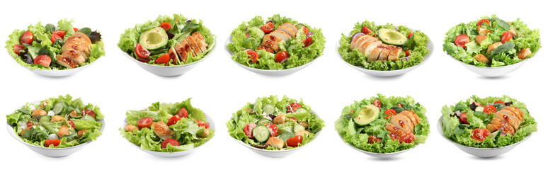 Tasty fresh salads with meat on white background, set