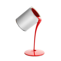 Red paint pouring out of can on white background