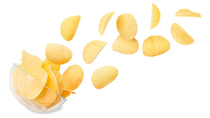 Tasty crispy potato chips falling into bowl on white background