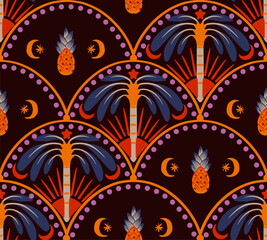 Seamless pattern with simple palms and geometrical ornament. Vector.
