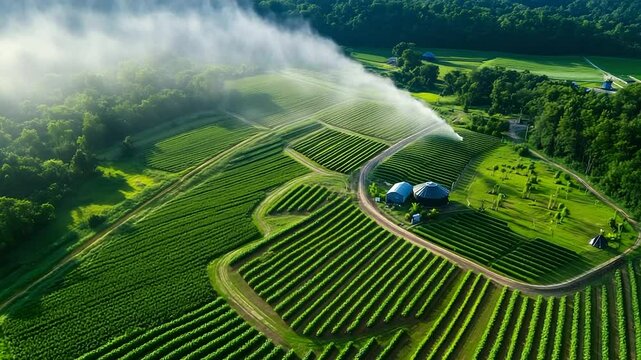 Aerial shot of sprawling farmland with geometric irrigation zones, mist spraying from circular pivots, vegetables thriving under sustainable care