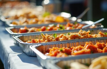 Outdoor catering event of Mexican food served in aluminum trays. Buffet setup of ready-to-eat dishes. Dishes includes fajitas, sauces, chicken, rice, beans. Summer party catering concept.