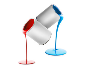 Paints of different colors pouring out of cans on white background, collage