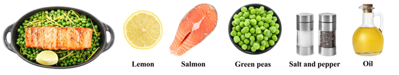 Dish with salmon and other ingredients on white background, collage