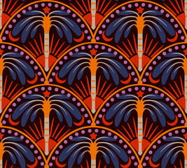 Seamless pattern with simple palms and geometrical ornament. Vector.