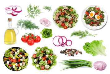 Tasty salads with fresh ingredients on white background, collage