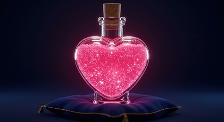 Heart shaped potion bottle with pink liquid on a blue pillow perfect for valentine's day gift idea