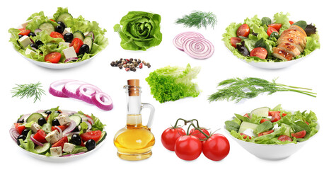 Tasty salads with fresh ingredients on white background, collage