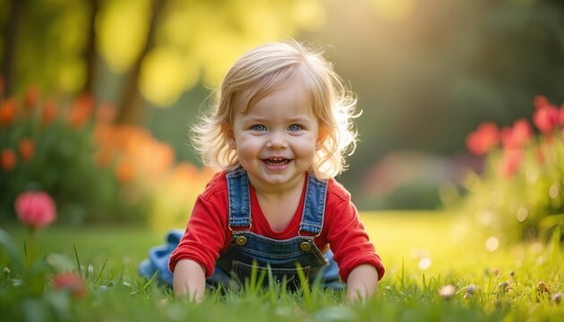 Happy smiling toddler crawling in sunny park. Child wears denim overalls red shirt. Blue eyes, blonde hair radiate pure joy. Rich green grass, flowers create perfect nature eco background for