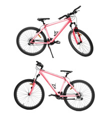 Color bicycle on white background, collage. View from different sides