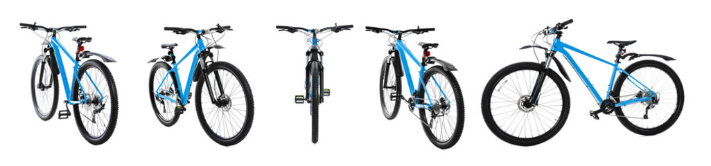 Color bicycle on white background, collage. View from different sides