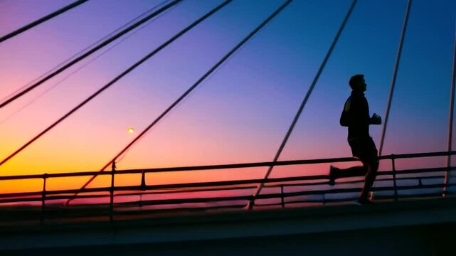 Silhouette of runner on a bridge at sunset