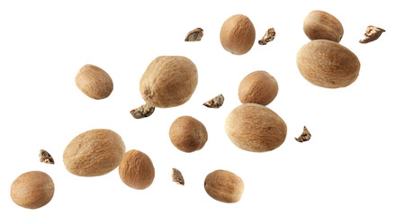 Aromatic nutmeg seeds and pieces falling on white background