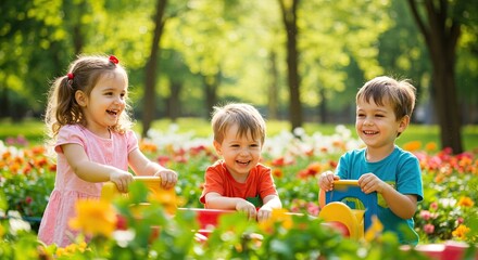 Happy children playing outdoors in summer park with flowers and toys having fun together enjoying childhood