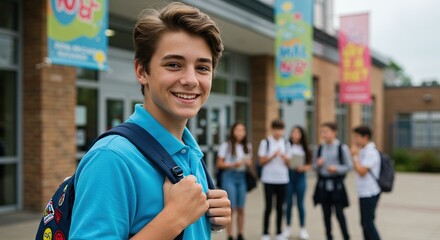 Portrait of student with backpack at school building ready for education and learning success day