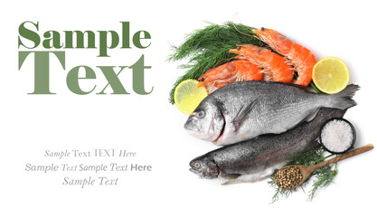 Fresh sea food and products on white background, top view. Banner design with space for text