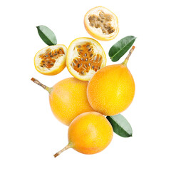 Delicious ripe passion fruits and green leaves falling on white background