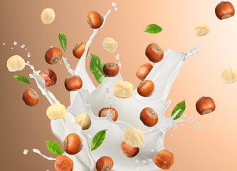 Nut milk splash with hazelnuts and green leaves in air on brown gradient background