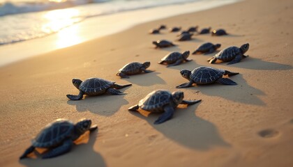 Newborn baby turtles crawl across sandy beach toward ocean. Hatchlings make their way to sea in beautiful sunny light. Wildlife scene. Conservation, nature, travel.