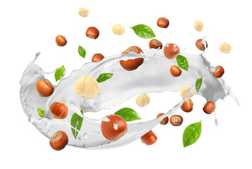 Nut milk splash with hazelnuts and green leaves in air on white background