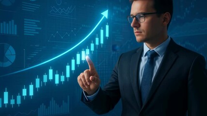 Young male entrepreneur touching digital screen with financial growth arrow. Concept of business success and market investment. Footage. - Powered by Adobe
