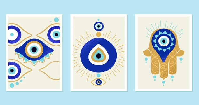 Set of turkish eye. Moving flyers with amulet protecting from spirits. Contemporary art with traditional local flavor. International Eastern Culture. Flat graphic animated cartoon