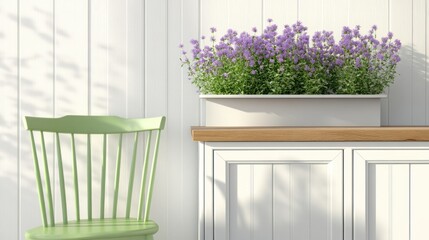 Fototapeta premium A light-filled patio area with a light-green chair and lavender planter.