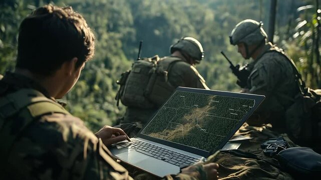 In a makeshift forest operations base, soldiers mark objectives on large terrain board and sync findings with laptop to report to base
