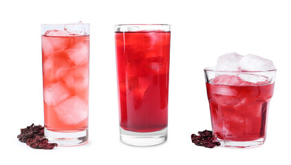 Refreshing cold hibiscus tea with ice in glasses isolated on white, set