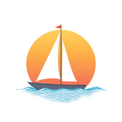 Fototapeta premium Sailing Boat at Sunset – Vector Illustration of Yacht on Ocean Waves