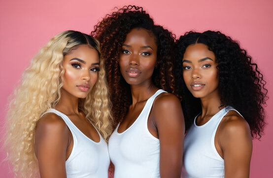 Three beautiful African American women in white tank tops with different long lace front wigs. Diverse models beauty shot with various hair textures, stylish make-up, poses against vibrant pink