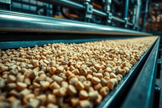 Wood pellets moving along a conveyor belt at a manufacturing facility in a production line