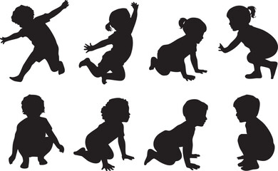 Diverse Group of Children Playing and Crawling in Black Silhouette Style on White Background silhouette This image showcases