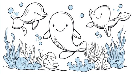 Obraz premium Cute dolphins in underwater scene, coloring book, kids illustration, education, background