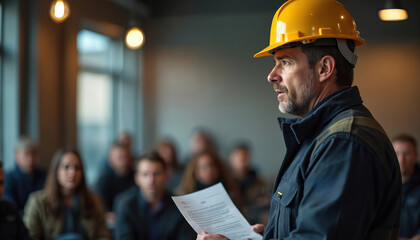 Construction worker presents safety workshop, explaining emergency procedure to audience. People in construction work learn public safety. Preparedness, education and learning are priorities.