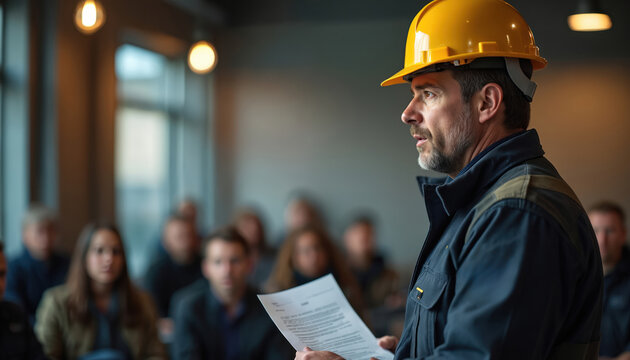 Construction worker presents safety workshop, explaining emergency procedure to audience. People in construction work learn public safety. Preparedness, education and learning are priorities. - Powered by Adobe