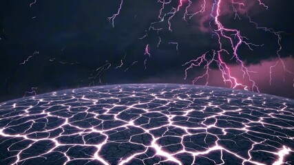 Purple lightning bolts striking across a vast, cracked desert landscape, creating a dramatic and otherworldly scene filled with powerful natural forces and awe-inspiring energy - Powered by Adobe