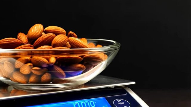 Almonds in a glass bowl on a kitchen scale