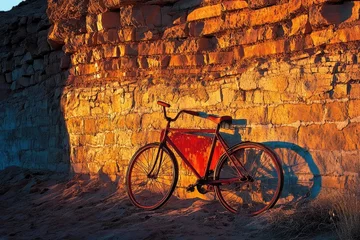 Fototapete Rund A vintage red bicycle stands against a sunlit brick wall, casting a long shadow on the ground. © Thimira