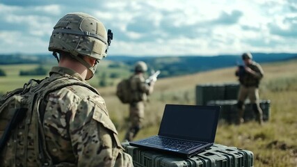 Close-knit team of armed soldiers stand by near stacked crates, scanning open plains, commander inside command post leans over laptop relaying final go-time signals